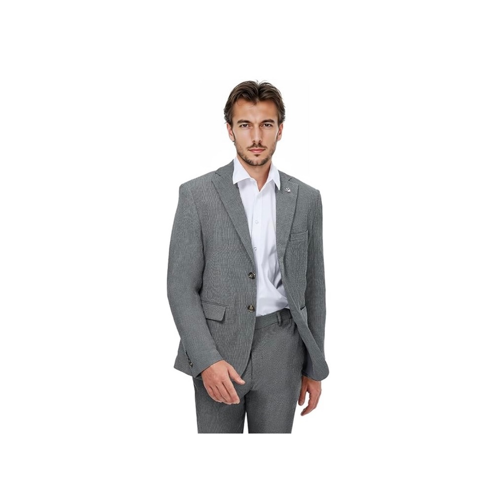 Men's Summer Seersucker Suit-2-Piece Blazer Pants Set Breathable Grey Sz#L New